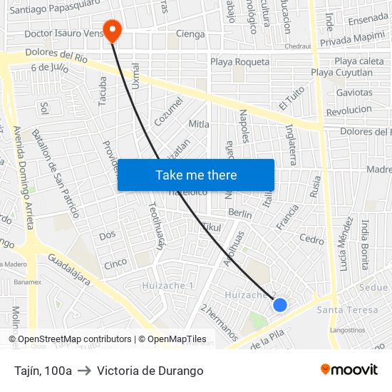 Tajín, 100a to Victoria de Durango map