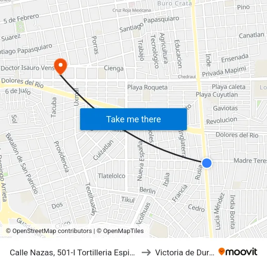Calle Nazas, 501-I Tortilleria Espiga Blanca to Victoria de Durango map