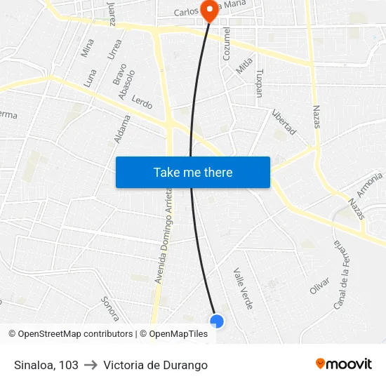 Sinaloa, 103 to Victoria de Durango map