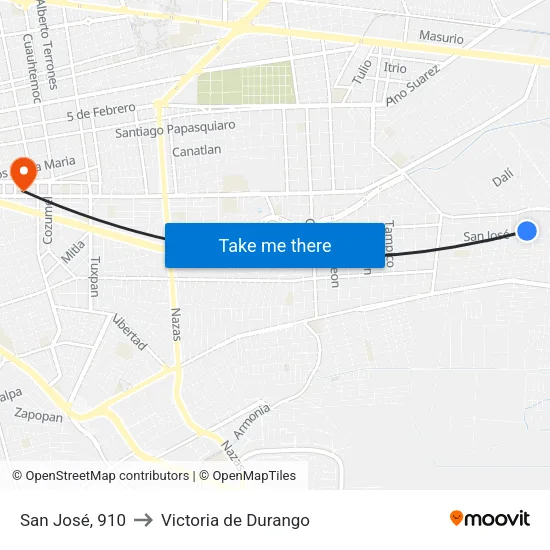 San José, 910 to Victoria de Durango map