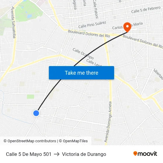 Calle 5 De Mayo 501 to Victoria de Durango map