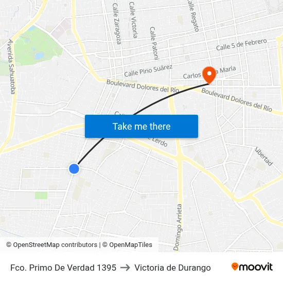 Fco. Primo De Verdad 1395 to Victoria de Durango map