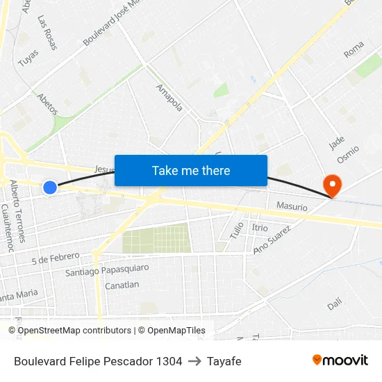 Boulevard Felipe Pescador 1304 to Tayafe map