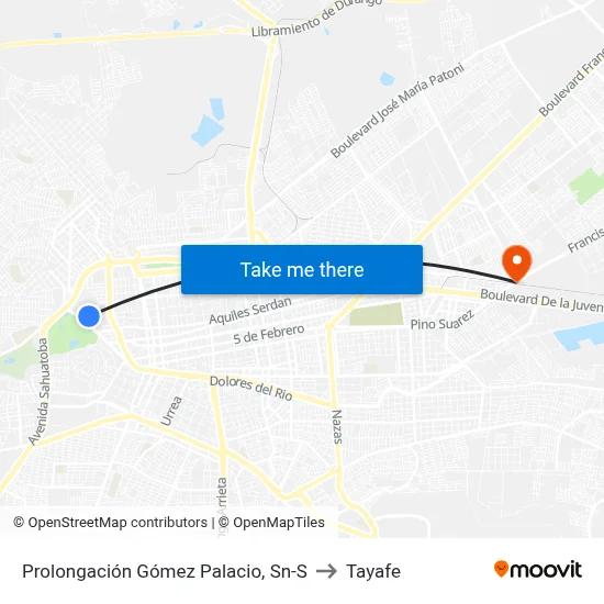 Prolongación Gómez Palacio, Sn-S to Tayafe map