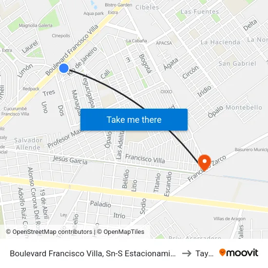 Boulevard Francisco Villa, Sn-S Estacionamiento Soriana to Tayafe map