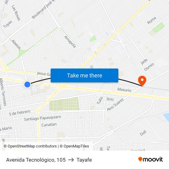 Avenida Tecnológico, 105 to Tayafe map