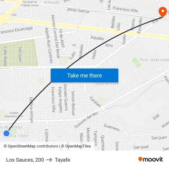 Los Sauces, 200 to Tayafe map