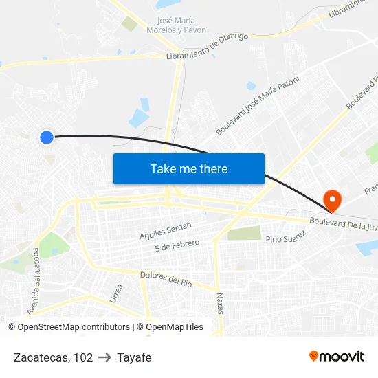 Zacatecas, 102 to Tayafe map
