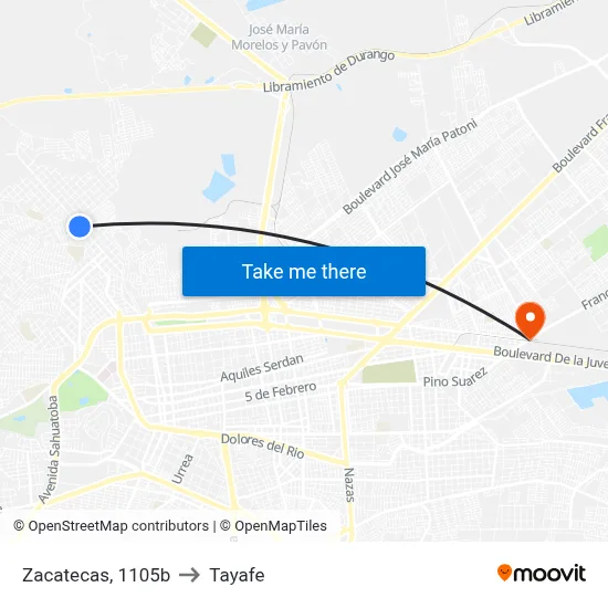 Zacatecas, 1105b to Tayafe map