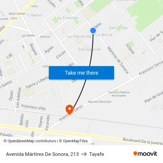 Avenida Mártires De Sonora, 213 to Tayafe map