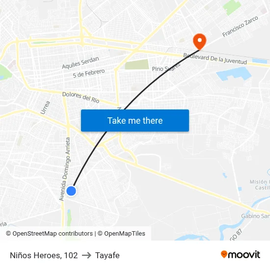 Niños Heroes, 102 to Tayafe map