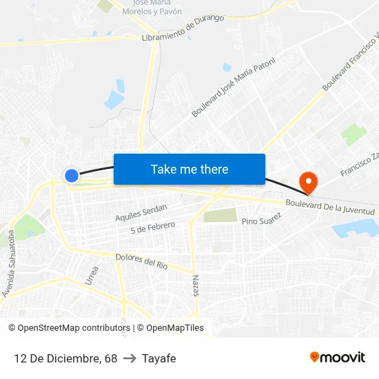 12 De Diciembre, 68 to Tayafe map