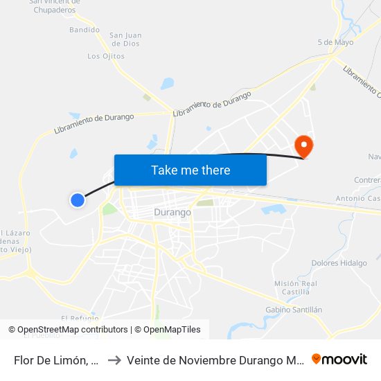 Flor De Limón, 222 to Veinte de Noviembre Durango Mexico map