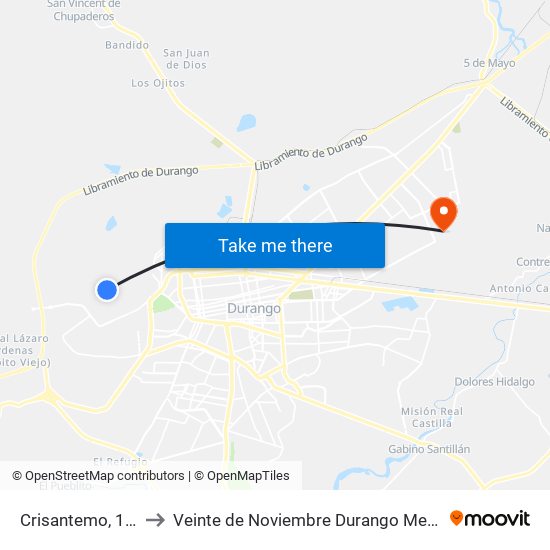 Crisantemo, 112 to Veinte de Noviembre Durango Mexico map