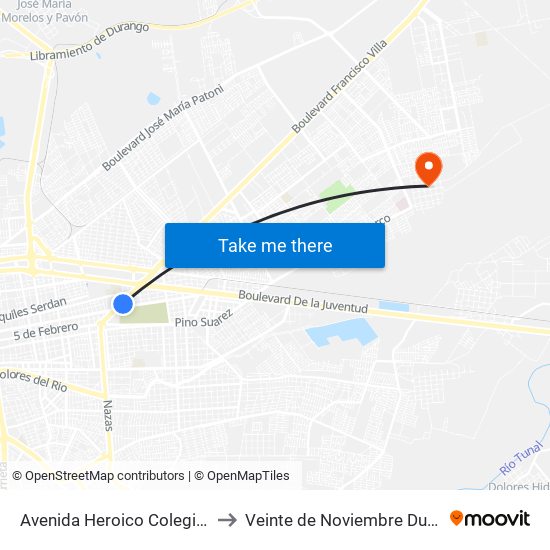 Avenida Heroico Colegio Militar, 118 to Veinte de Noviembre Durango Mexico map