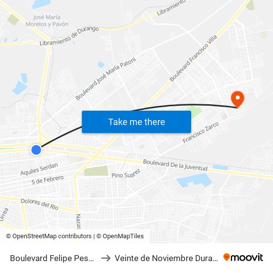 Boulevard Felipe Pescador, 621 to Veinte de Noviembre Durango Mexico map