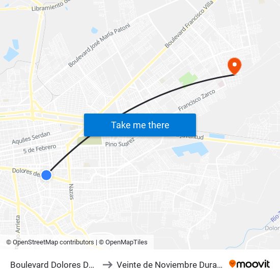 Boulevard Dolores Del Río, 815 to Veinte de Noviembre Durango Mexico map