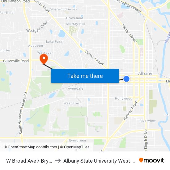 W Broad Ave / Bryon Rd to Albany State University West Campus map