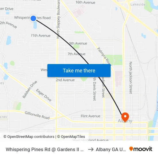 Whispering Pines Rd @ Gardens II Apts to Albany GA USA map