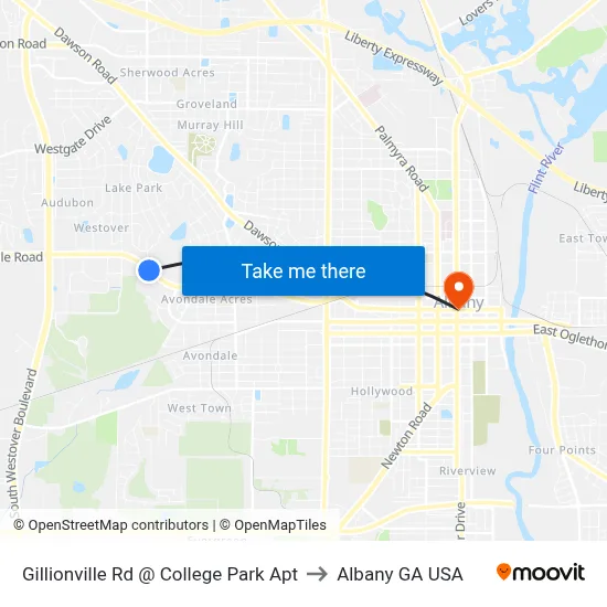 Gillionville Rd @ College Park Apt to Albany GA USA map