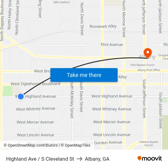 Highland Ave / S Cleveland St to Albany, GA map