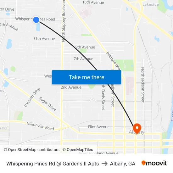 Whispering Pines Rd @ Gardens II Apts to Albany, GA map