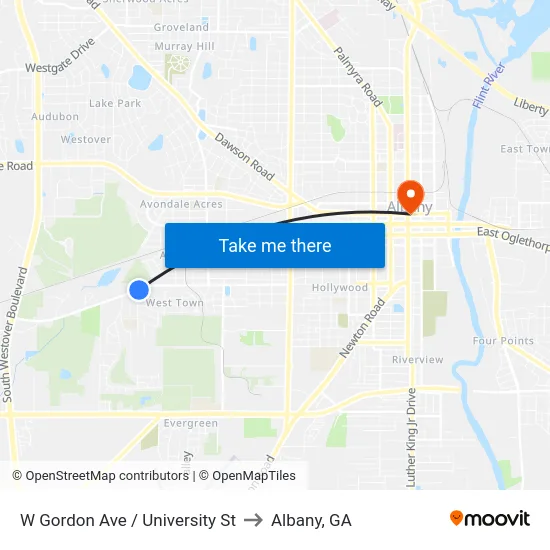 W Gordon Ave / University St to Albany, GA map