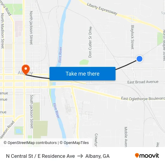 N Central St / E Residence Ave to Albany, GA map