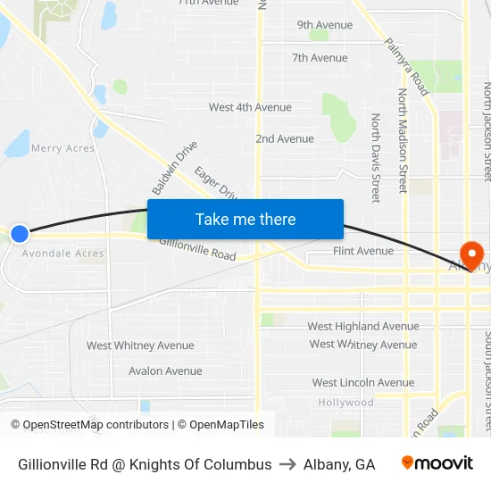 Gillionville Rd @ Knights Of Columbus to Albany, GA map