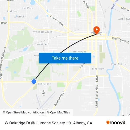 W Oakridge Dr.@ Humane Society to Albany, GA map