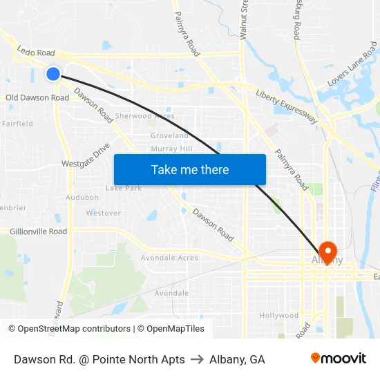 Dawson Rd. @ Pointe North Apts to Albany, GA map