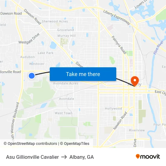 Asu Gillionville Cavalier to Albany, GA map