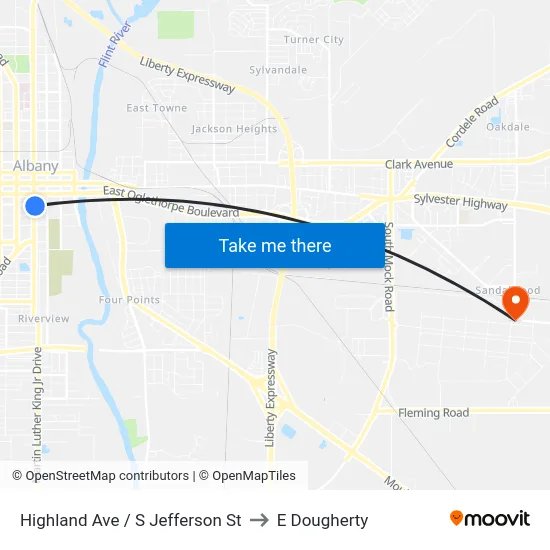 Highland Ave / S Jefferson St to E Dougherty map