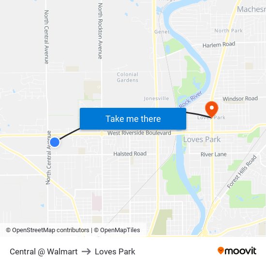 Central @ Walmart to Loves Park map