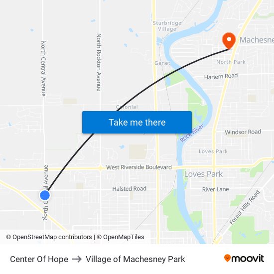 Center Of Hope to Village of Machesney Park map
