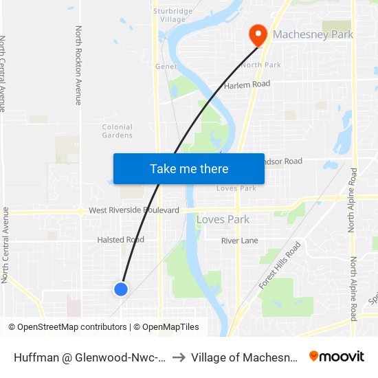 Huffman @ Glenwood-Nwc-Inbound to Village of Machesney Park map