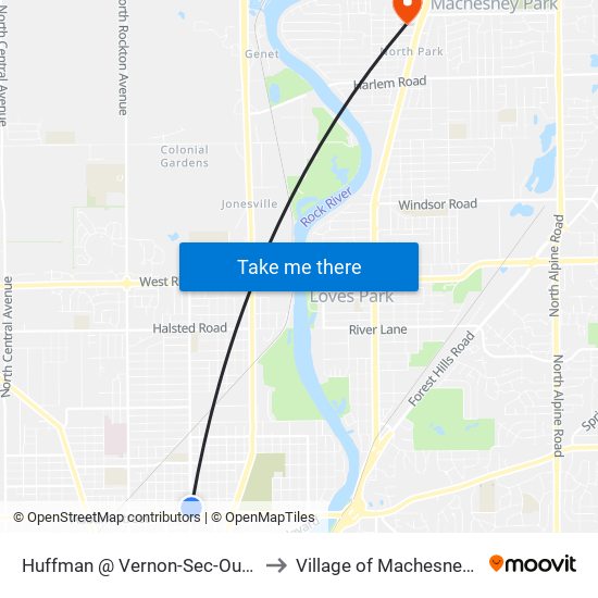 Huffman @ Vernon-Sec-Outbound to Village of Machesney Park map