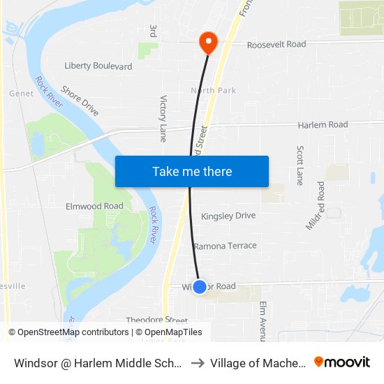 Windsor @ Harlem Middle School-S-Outbound to Village of Machesney Park map