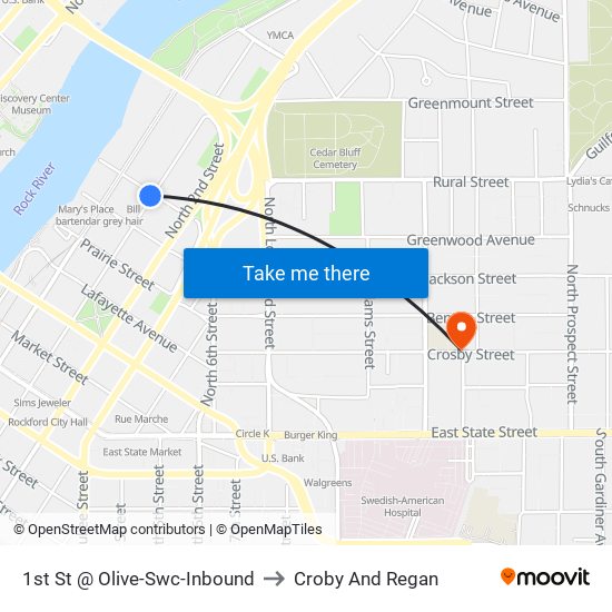 1st St @ Olive-Swc-Inbound to Croby And Regan map