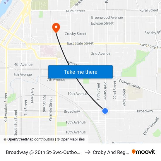 Broadway @ 20th St-Swc-Outbound to Croby And Regan map