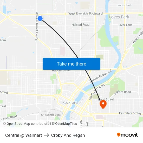 Central @ Walmart to Croby And Regan map