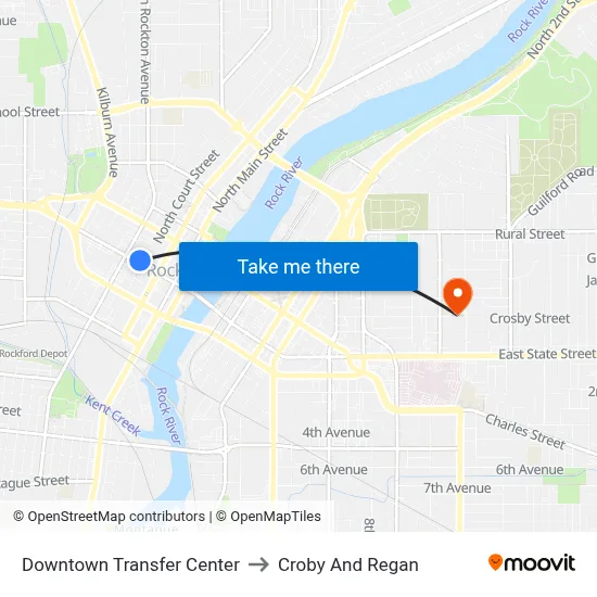 Downtown Transfer Center to Croby And Regan map