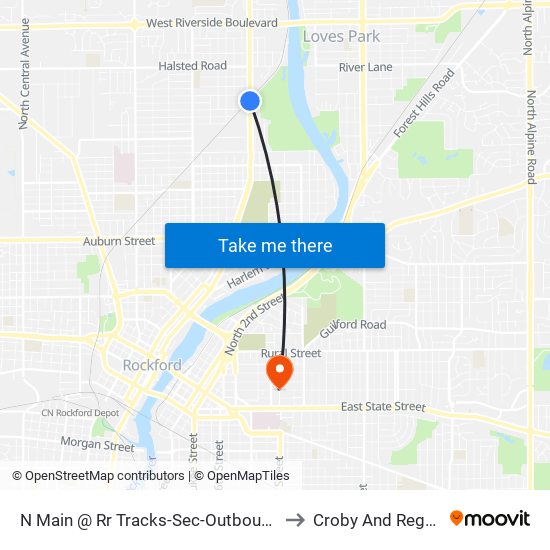 N Main @ Rr Tracks-Sec-Outbound to Croby And Regan map