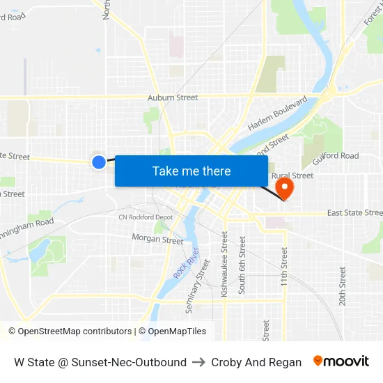 W State @ Sunset-Nec-Outbound to Croby And Regan map