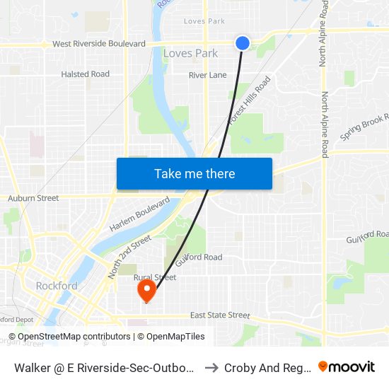 Walker @ E Riverside-Sec-Outbound to Croby And Regan map
