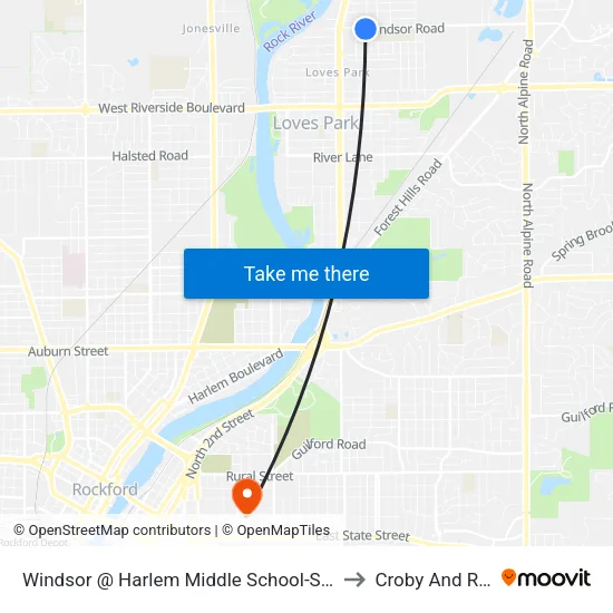 Windsor @ Harlem Middle School-S-Outbound to Croby And Regan map
