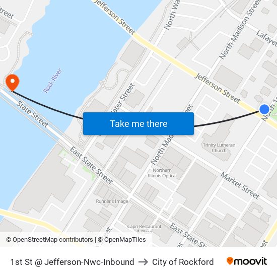 1st St @ Jefferson-Nwc-Inbound to City of Rockford map