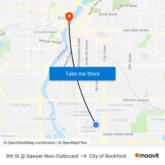 9th St @ Sawyer-Nwc-Outbound to City of Rockford map