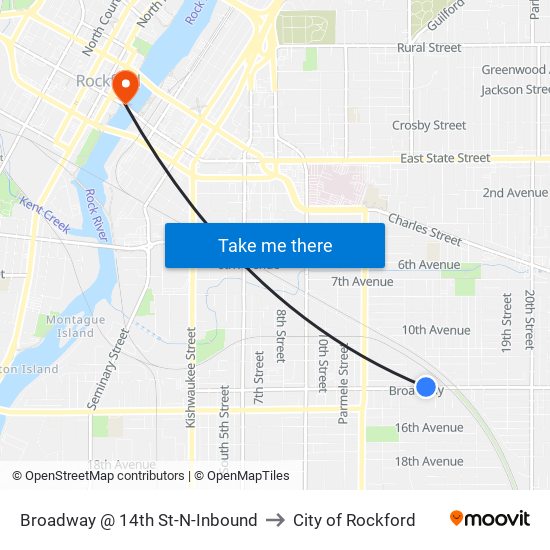 Broadway @ 14th St-N-Inbound to City of Rockford map