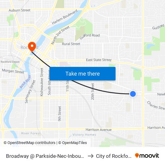 Broadway @ Parkside-Nec-Inbound to City of Rockford map